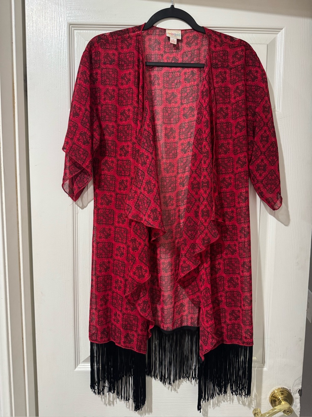 Lularoe sheer red & black Monroe with black fringe. GUC   
size S